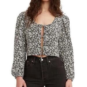 NEW Levi's Embry Tie Front Blouse L‎ Puff Balloon Sleeve Cropped Crop Top Floral